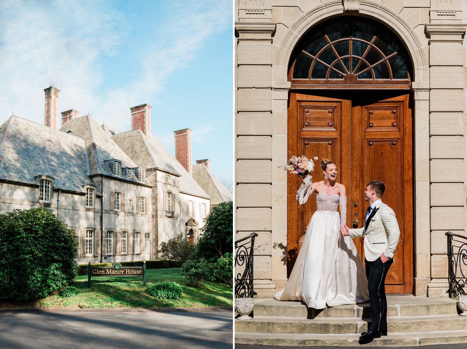 A bride and groom stand in front of the wooden double doors of the Glen Manor House