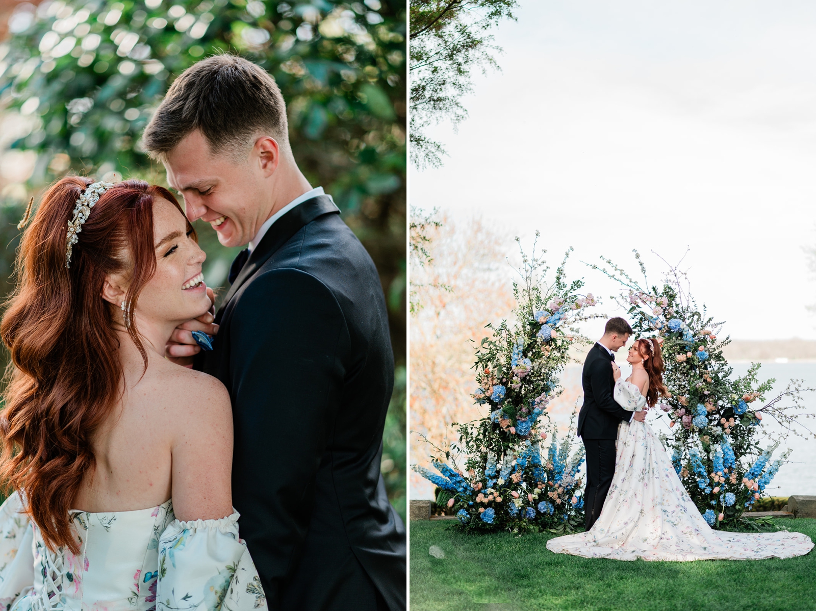 A bride with red hair in a floral gown stands with a groom in front of a half-arch floral ceremony installation