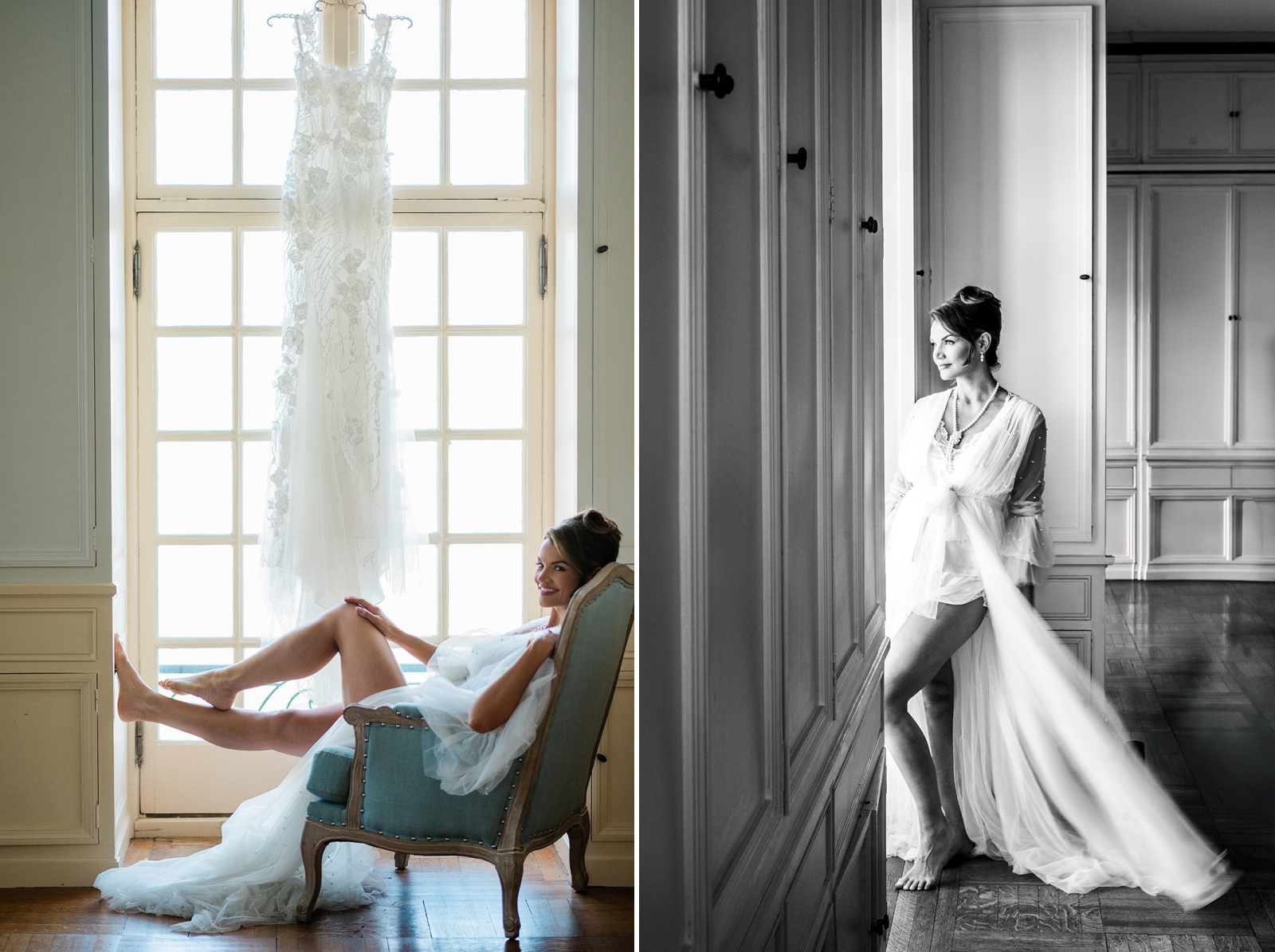 A bride in a tulle robe sitting in a blue chair in front of a window