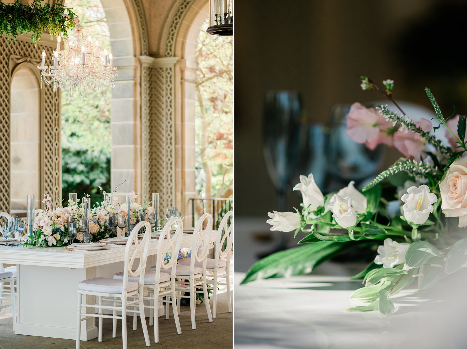 A floral table scape for a wedding reception at the Glen Manor House