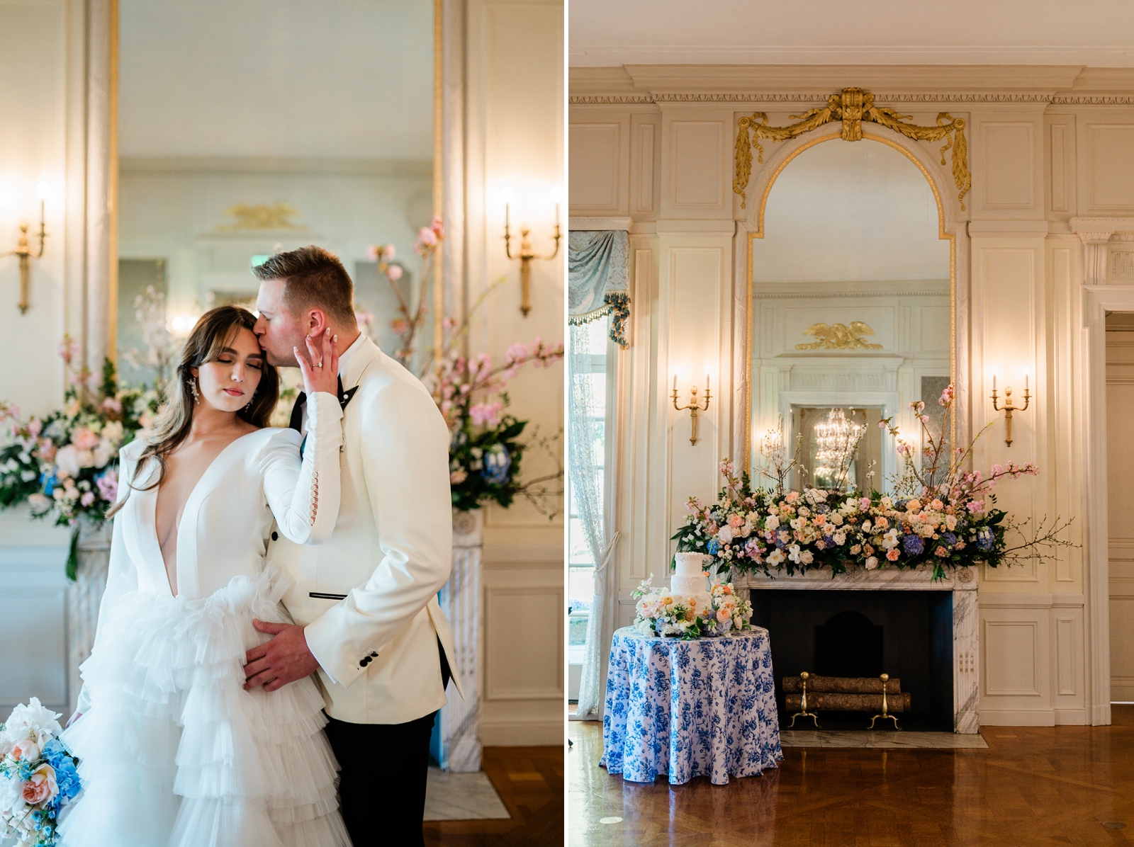 A bride and groom in the ballroom of the Glen Manor House, cutting a three tier white cake