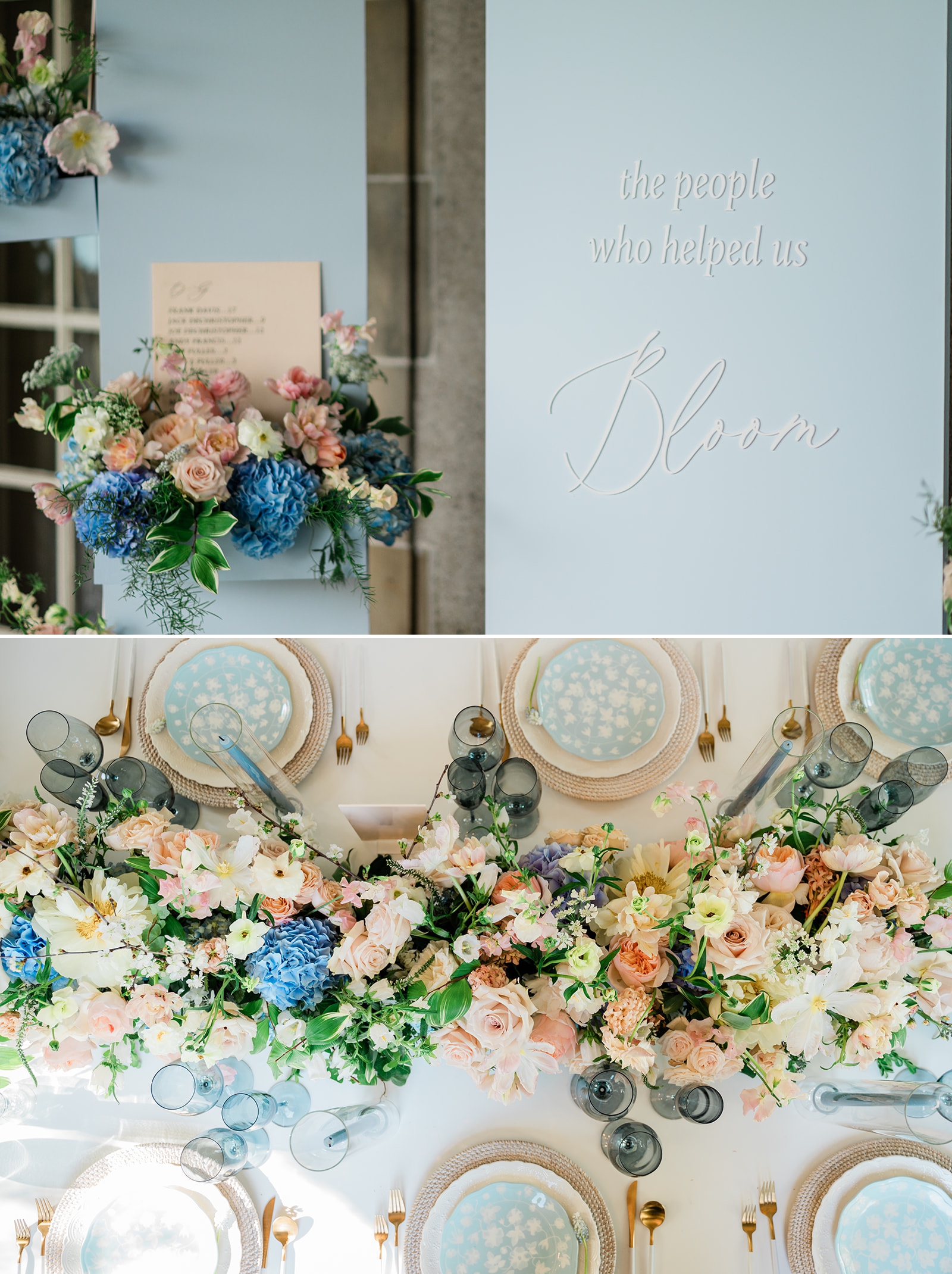 A floral table runner on a white cloth 