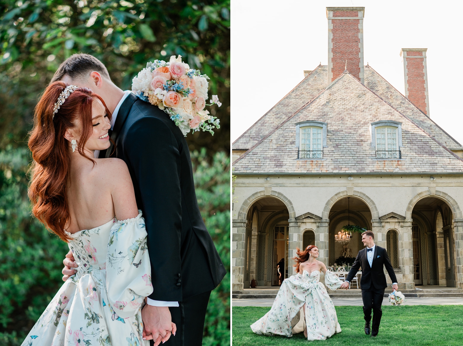 A bride in a floral gown with puffy sleeves running with a groom around the grounds at Glen Manor House