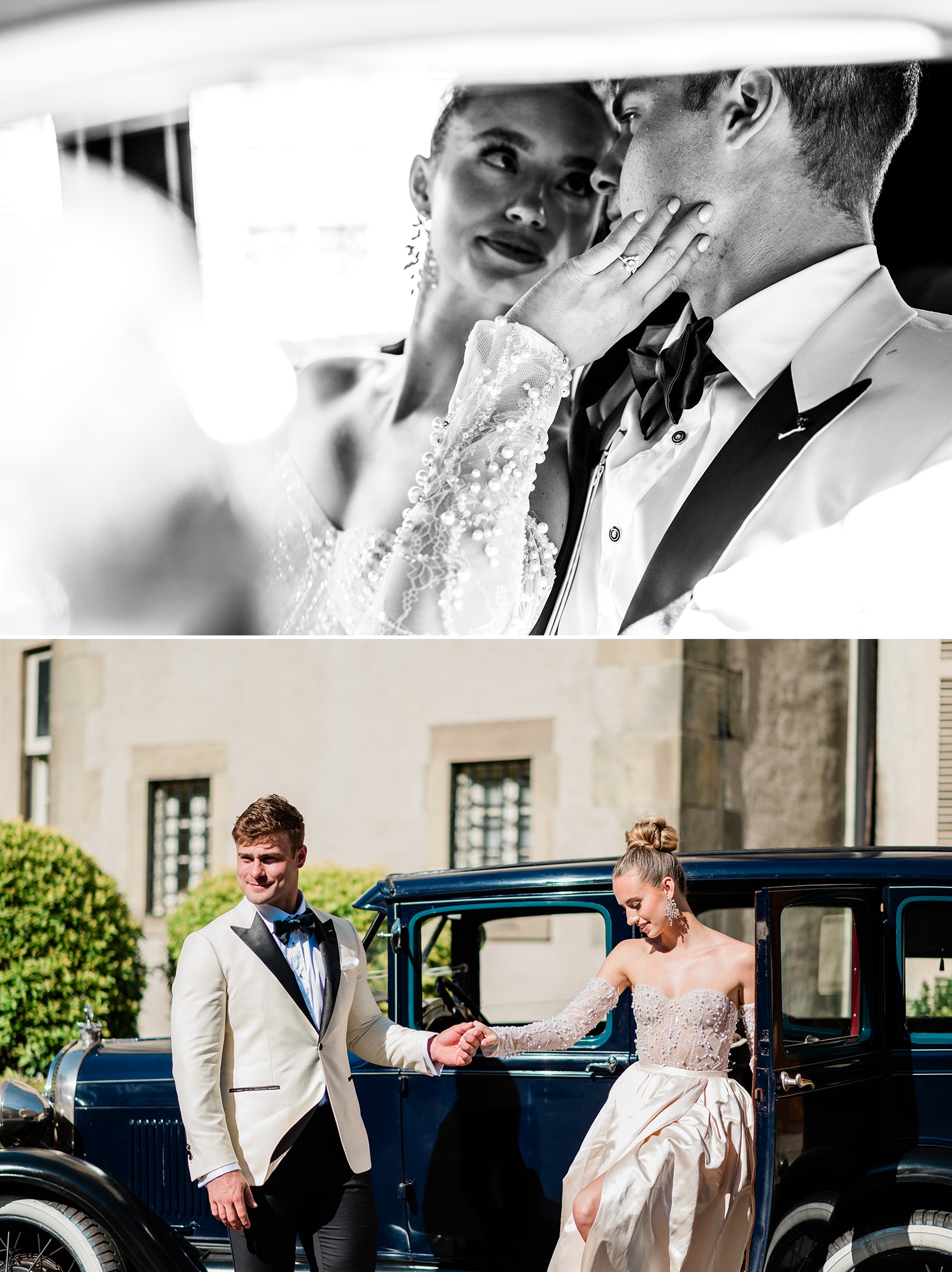 A groom helping a bride out of an antique car in front of the Glen Manor House