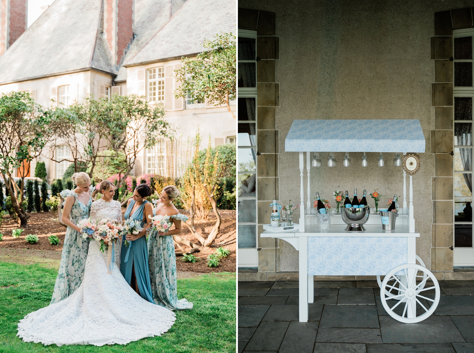 A bride with three bridesmaids in floral blue dresses 
