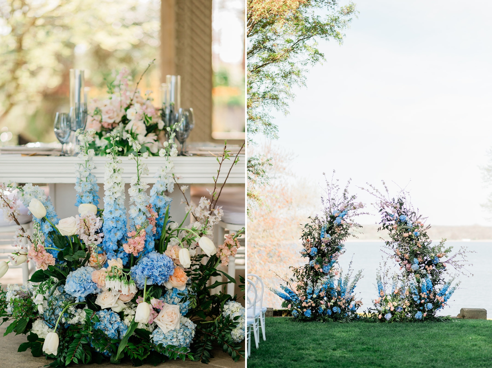 Blue, pink, and white floral installations on the riverbank at Glen Manor House